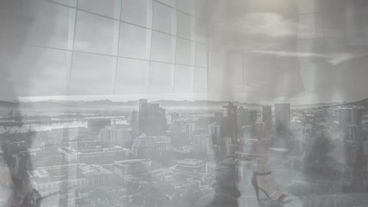 도시 풍경 위에 현대적인 사무실에서 빠른 속도로  ⁇ 고 있는 사업가들의 애니메이션