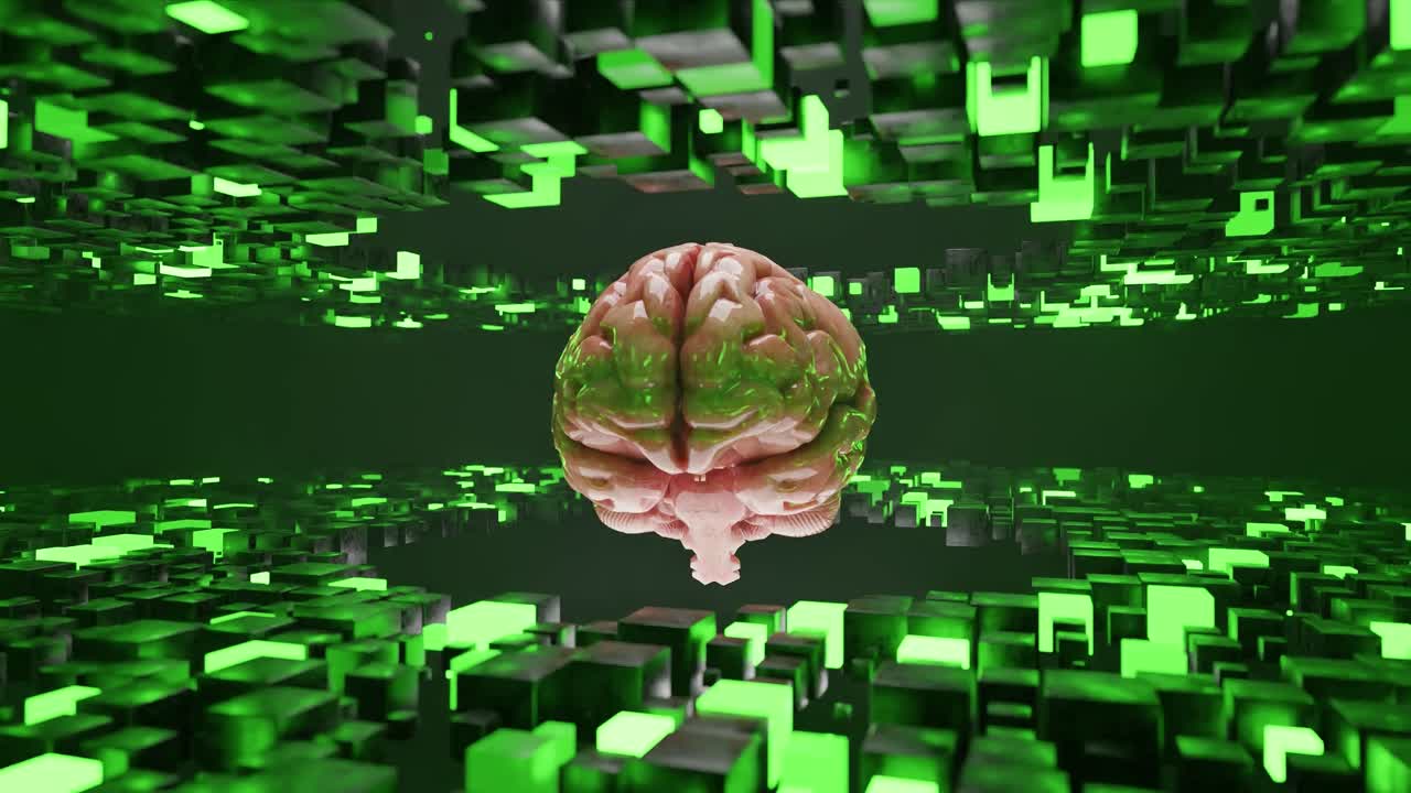 3D human brain model floating in digital green and black cubic environment. Artificial intelligence and neural network concept. Design for banner,poster,wallpaper. Futuristic isometric view.