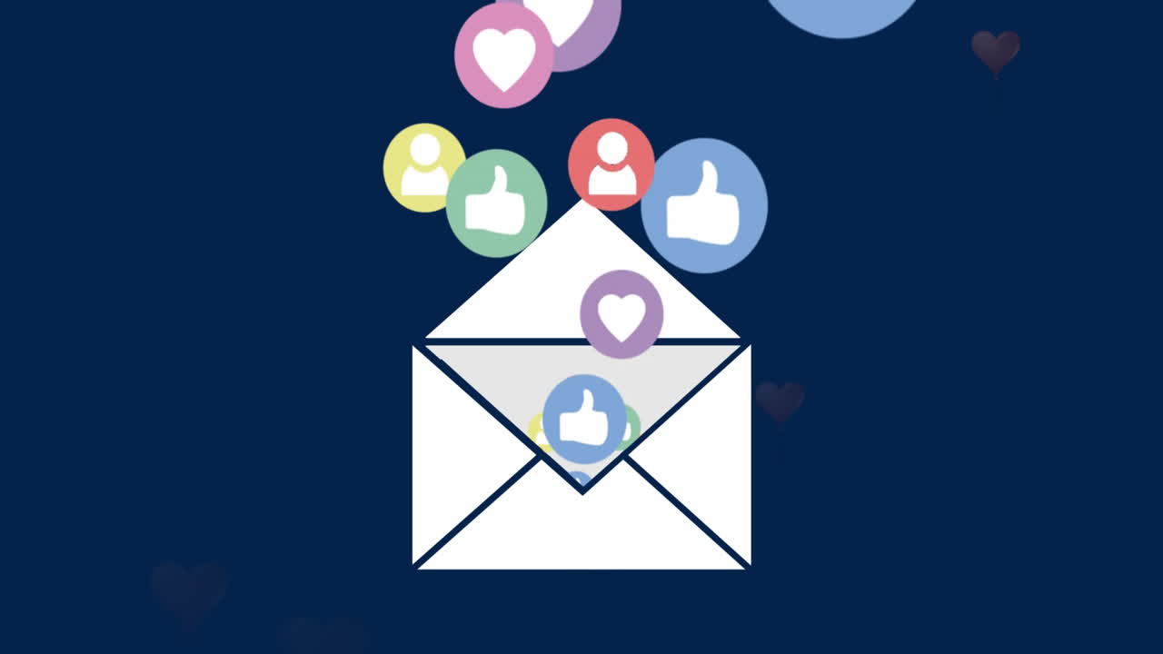 animación de iconos de redes sociales flotando sobre el mensaje y iconos de corazón rojo contra un fondo azul.