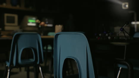 empty classroom with blue chairs and a molecule model