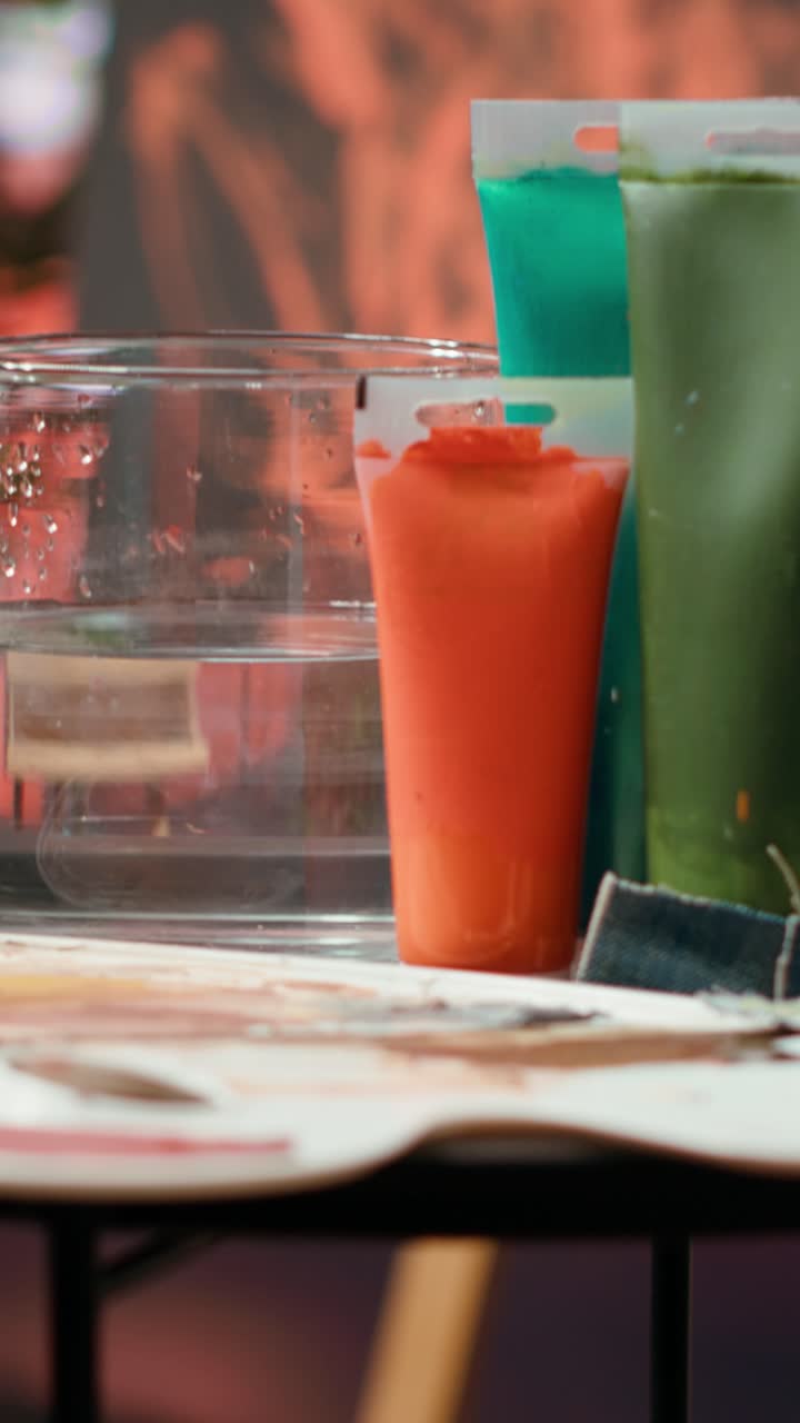 Vibrant Paint Tubes and Water Glass on Artist's Table