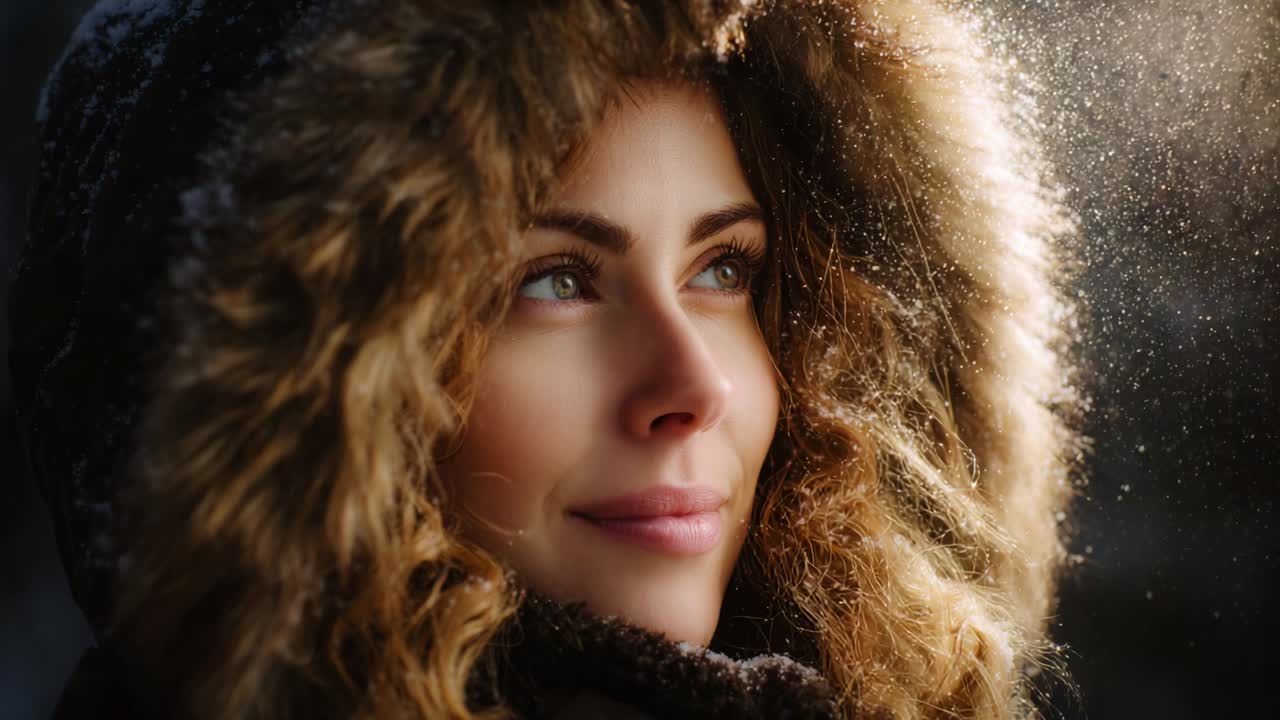 A serene winter scene featuring a young woman with striking eyes, clad in a cozy fur-lined parka, gazing thoughtfully into the distance as gentle snowflakes gracefully fall around her, creating a magical atmosphere