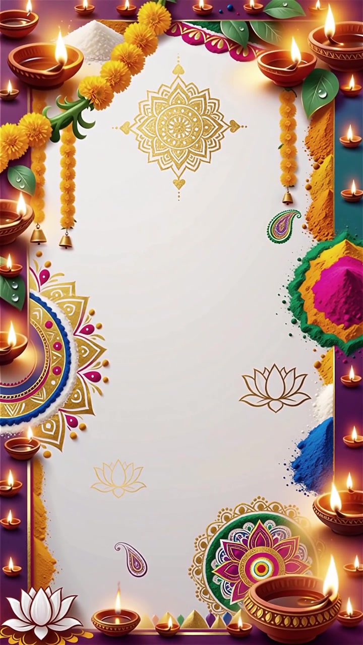 Sfondo Diwali con Diyas luminosi, Rangoli e fiori di loto