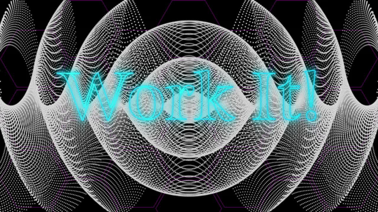 Animation of work it text in blue neon over white mesh curves on black