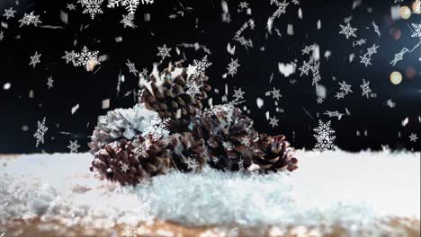 animación de la nieve cayendo sobre las conas de pino decoración de navidad