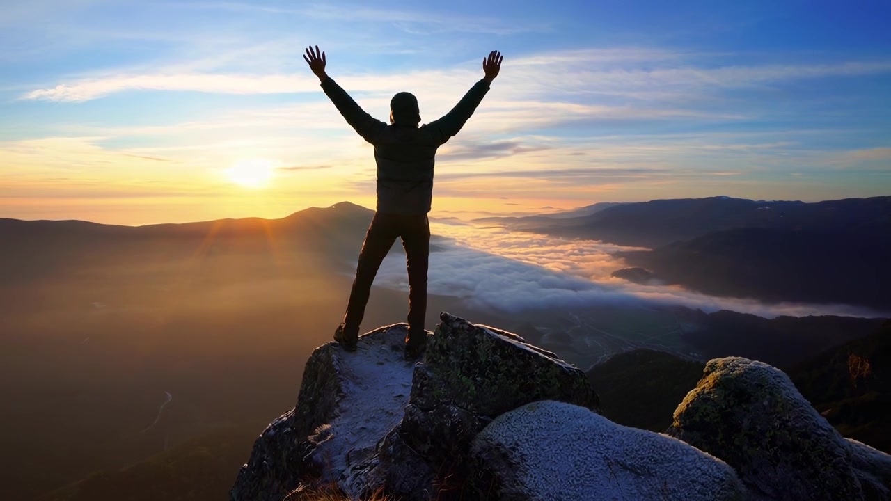 Person mit erhobenen Armen auf einem Berggipfel bei Sonnenaufgang.