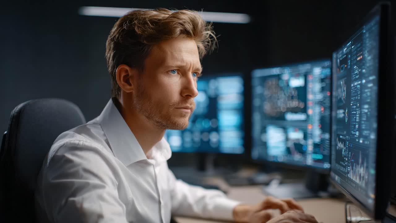 Focused Analyst Engaged in Data Analysis, Scrutinizing Complex Information from Multiple Monitors in a Dark Workspace, Signifying Dedication and Professionalism