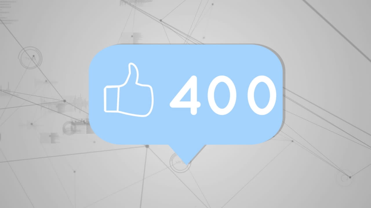 Animation of like icon with increasing numbers over network of connections against grey background