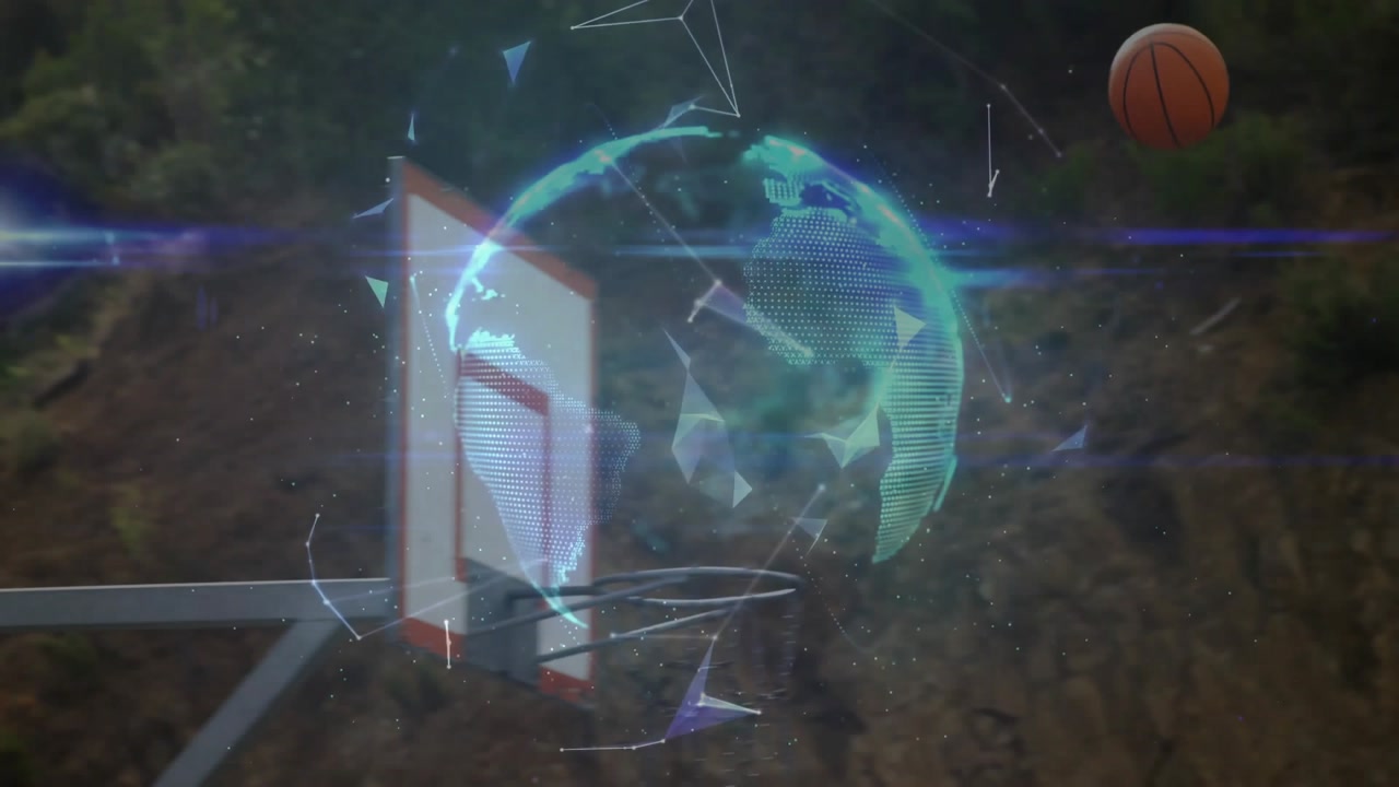Gray-jersey player bouncing basketball spawning globe showing shot trajectory for sports tech