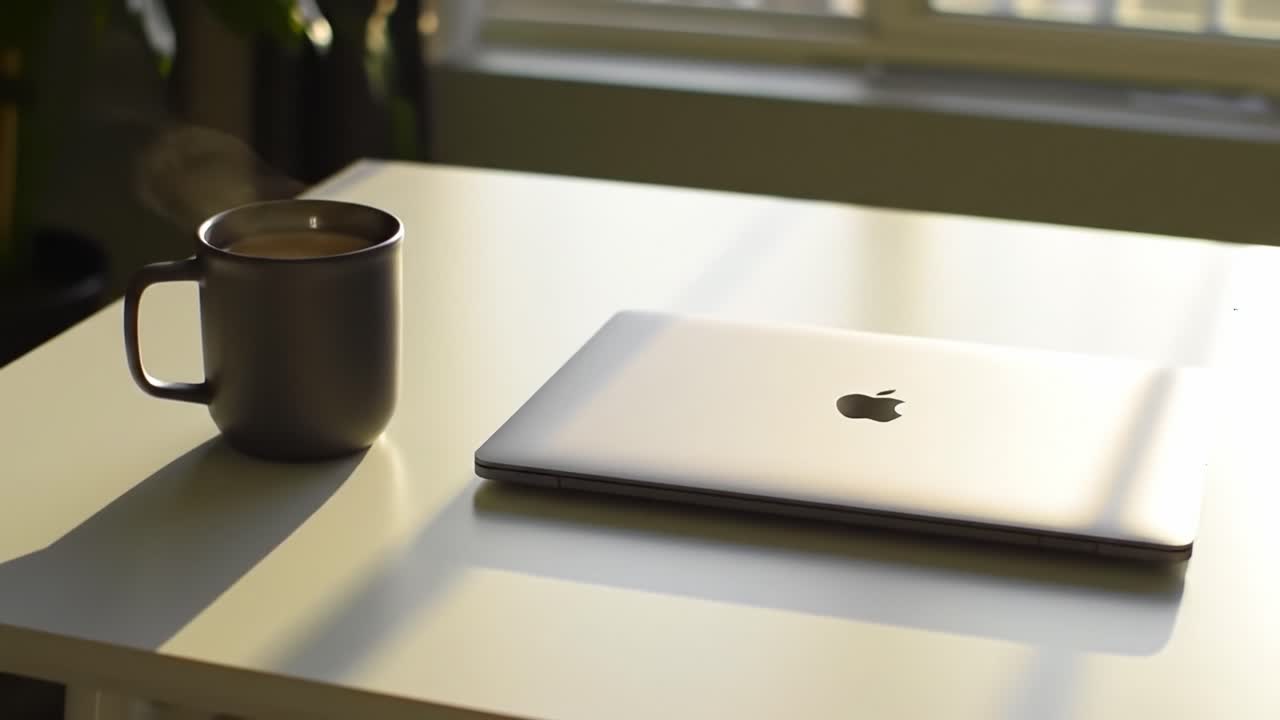 A Serene Morning Workspace with a Laptop and Coffee Mug, Exuding Calmness and Inspiration for Productive Days Ahead