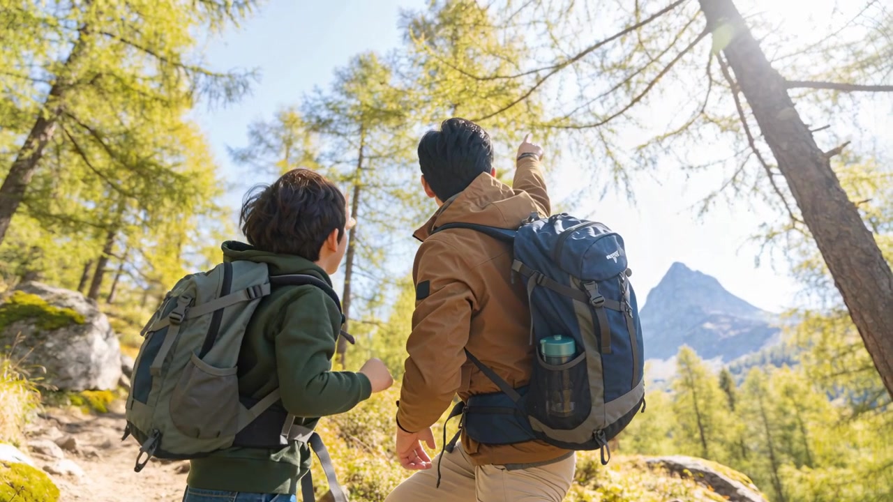 Padre e figlio escursionisti su un sentiero alpino avvistano una cima distante, indicando e camminando, con zaini e giacche.