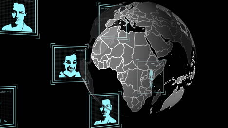 animation of data processing with diverse people portraits over globe on black background