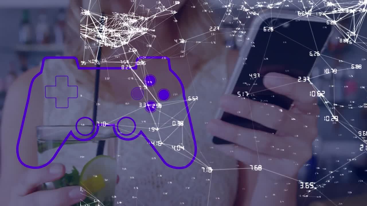 Animation of network of connections over caucasian women using smartphone