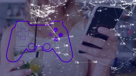 animación de la red de conexiones sobre las mujeres caucásicas que usan teléfonos inteligentes
