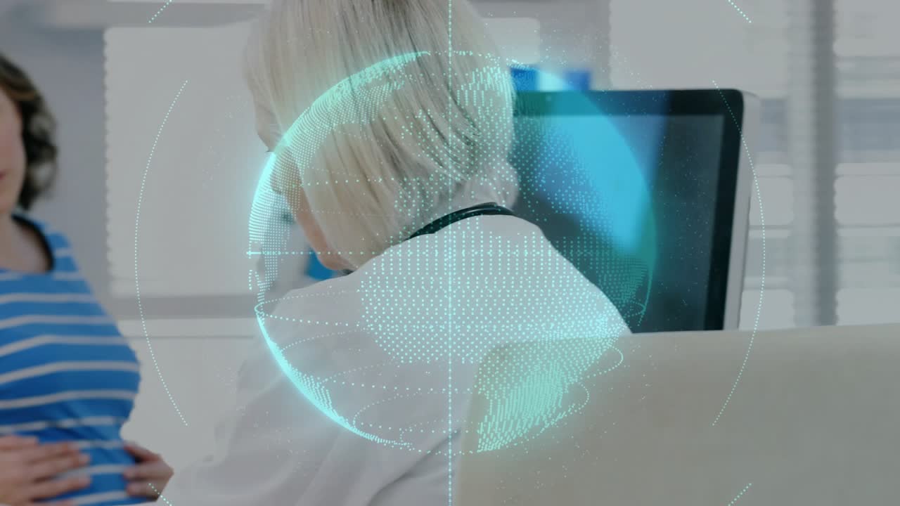 Pregnant patient reaching for tablet, clinician scrolling prenatal info, teal globe framing head