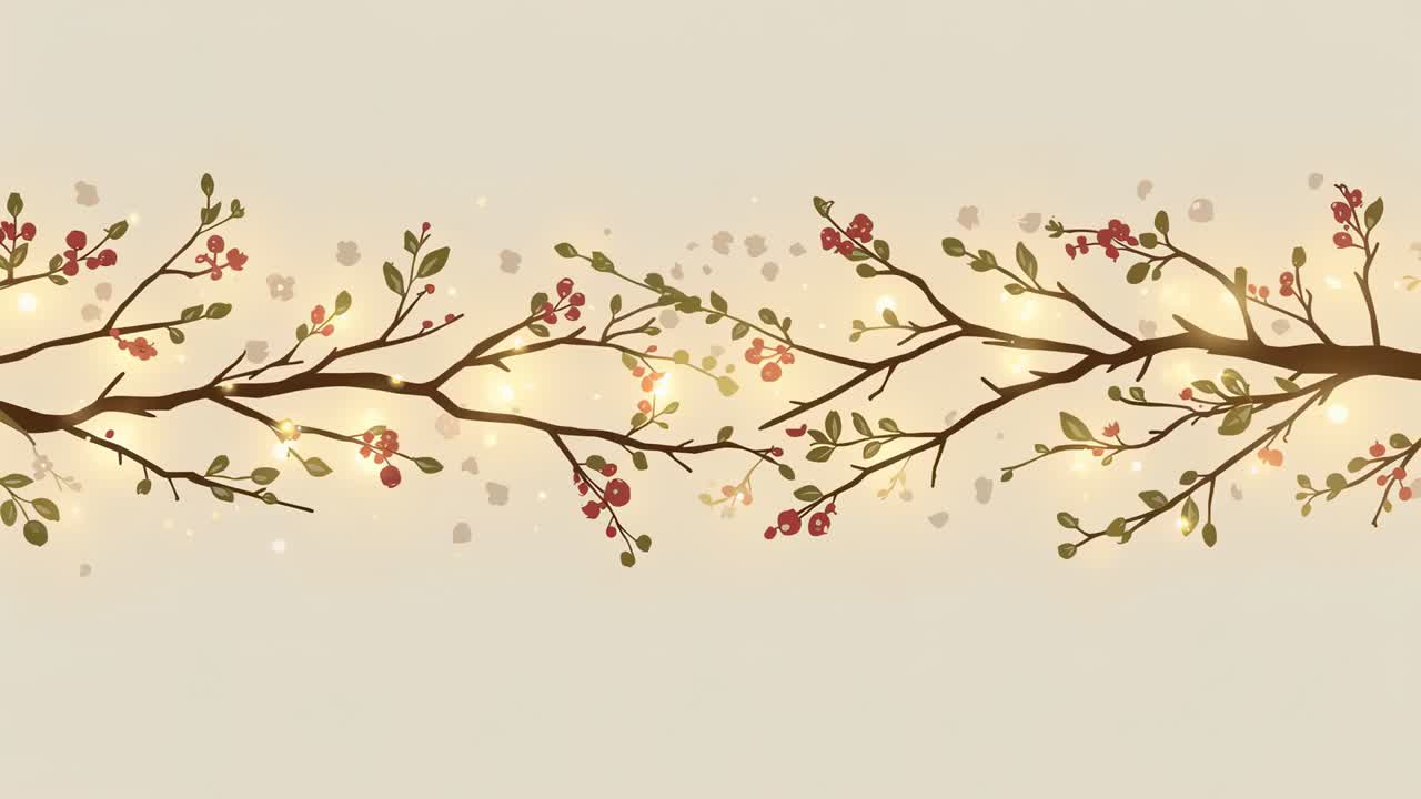 Playing animation of leafy branch swaying on warm beige base, berries lights and petals glowing