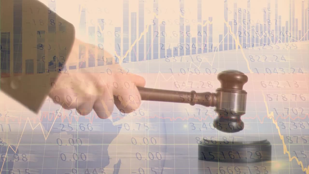 Animation of statistics and financial data processing over auctioneer's hammer