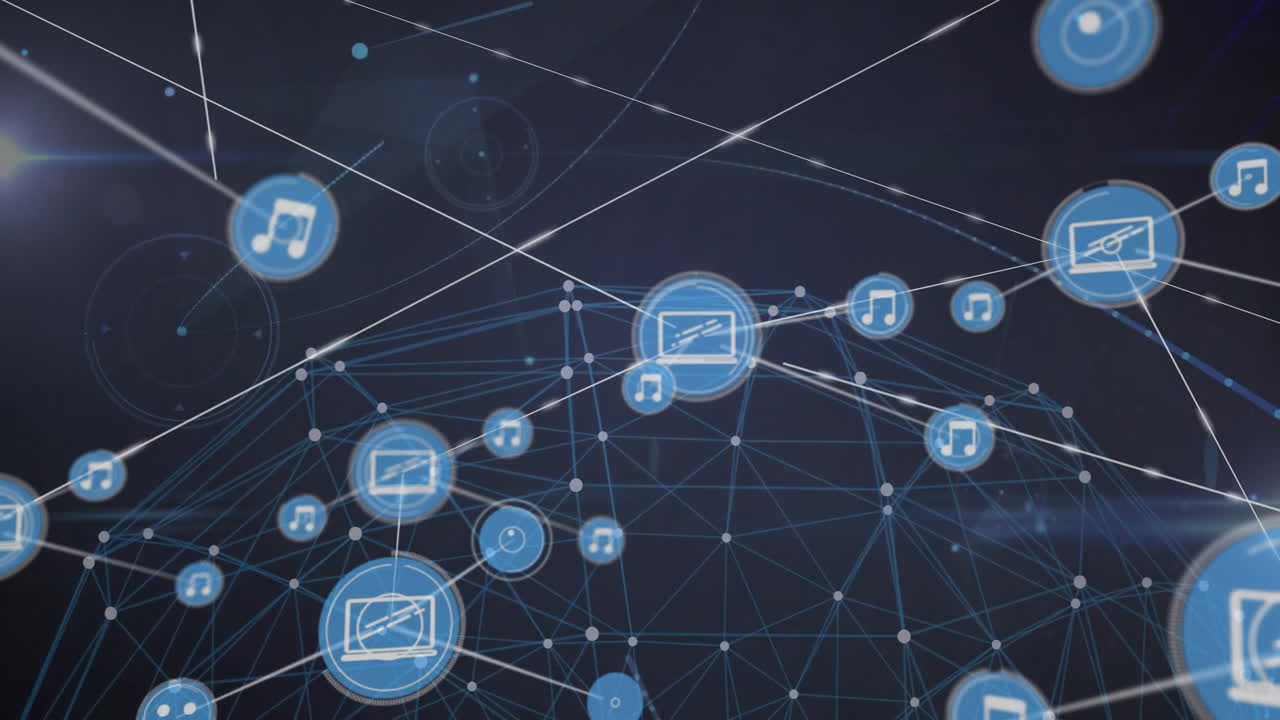 Network of connections and data processing animation with music and video icons