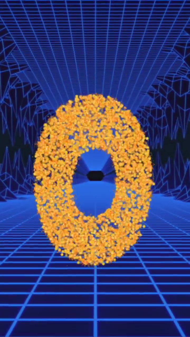 Animation af glitrende tal, der tæller ned fra 10 til 0 over en blå gittertunnel på sort baggrund