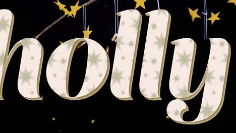 animation of holly text over falling stars and christmas decorations