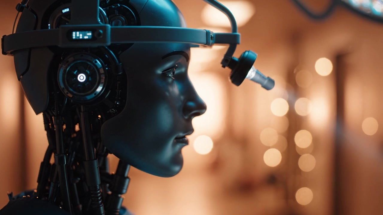 Advanced Robotic Portrait: A Close-Up of an Innovative AI Robot with High-Tech Features, Capturing Intricate Details of Machine Intelligence and Future Technology