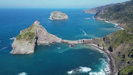 gaztelugatxe island in bay of biscay, basque country, north spain - aerial 4k circling