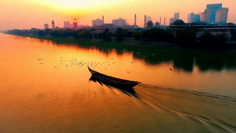 sunrise over the city river with birds