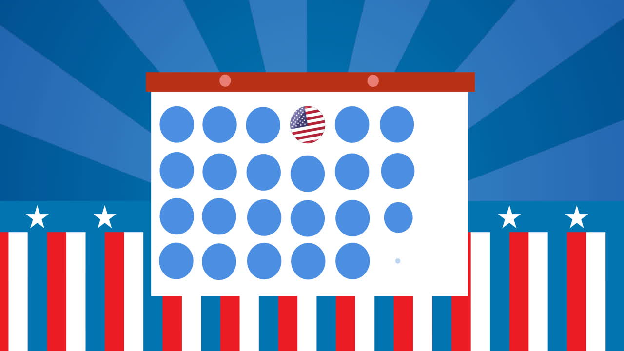 토큰 템플릿 카드와 미국 국기가 파란색 배경 위로 움직이는 애니메이션