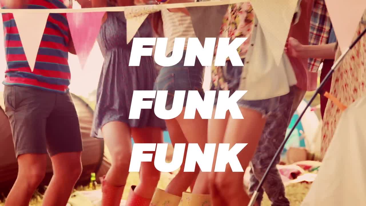 Animation of funk in white text over happy friends dancing outdoors
