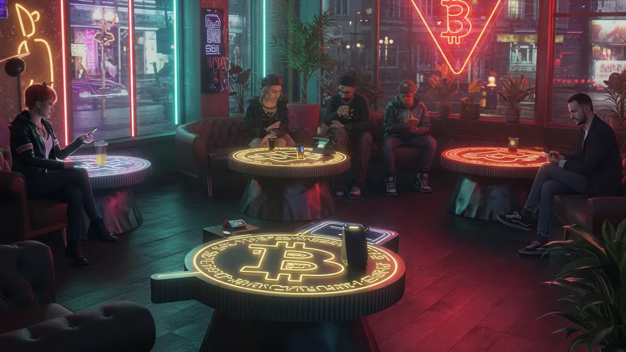Una vivace scena in un Bitcoin Lounge che cattura conversazioni coinvolgenti tra amici, circondati da luci al neon e arredi contemporanei in un moderno hub di criptovalute