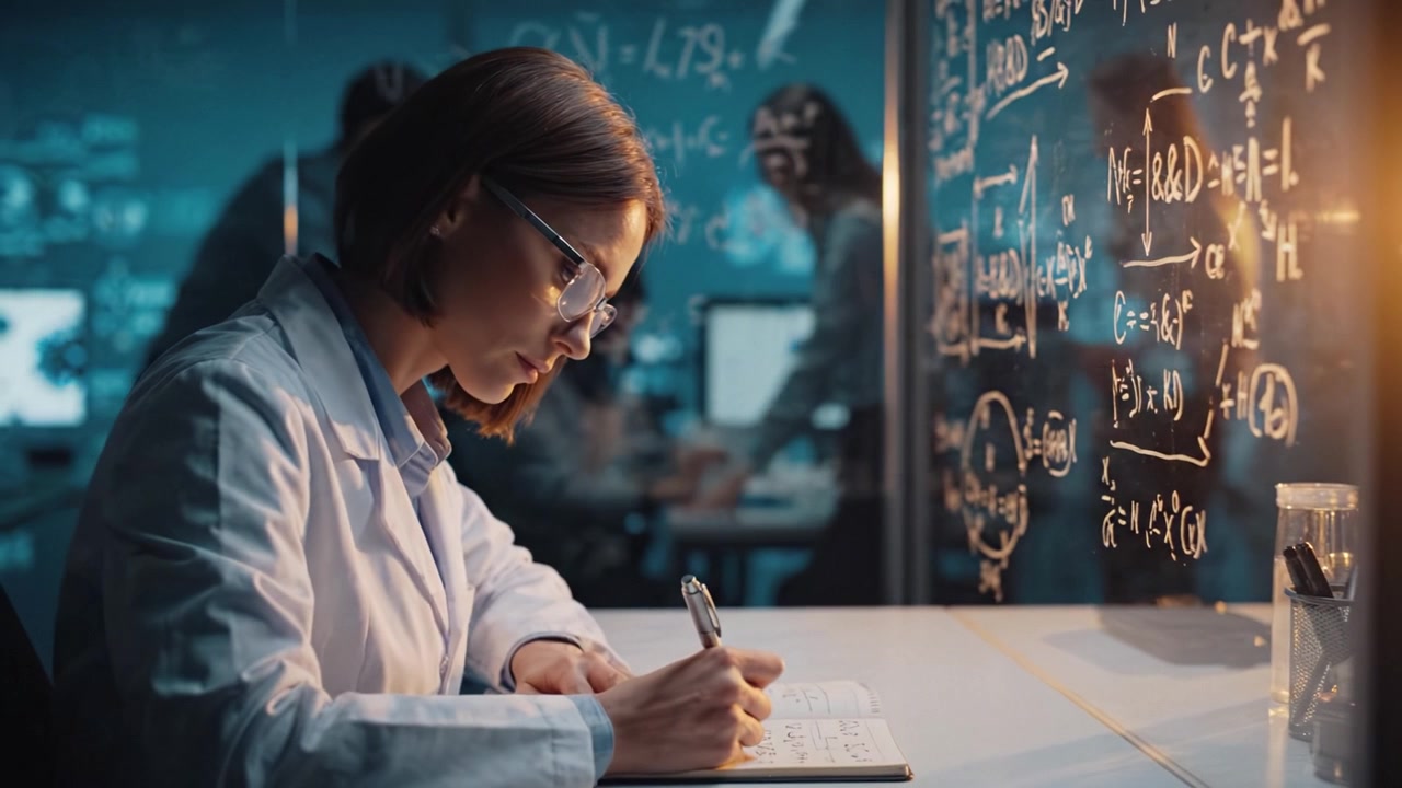 Ricercatore concentrato in laboratorio che scrive appunti analitici, circondato da equazioni complesse e dati scientifici in un ambiente tecnologico dinamico.
