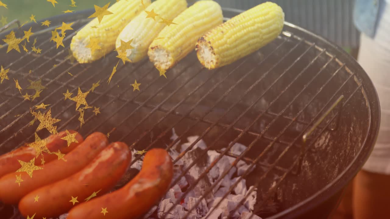 bbq를 하는 백인 남성 위의 별들의 애니메이션