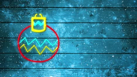 Snowflakes-falling-over-neon-Christmas-bauble-against-red-wooden-background