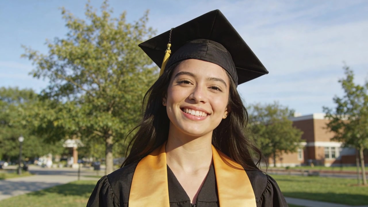 Laureato asiatico sorridente che posa sul prato del campus, la brezza fa ondeggiare il tocco e la toga, celebrando la laurea.