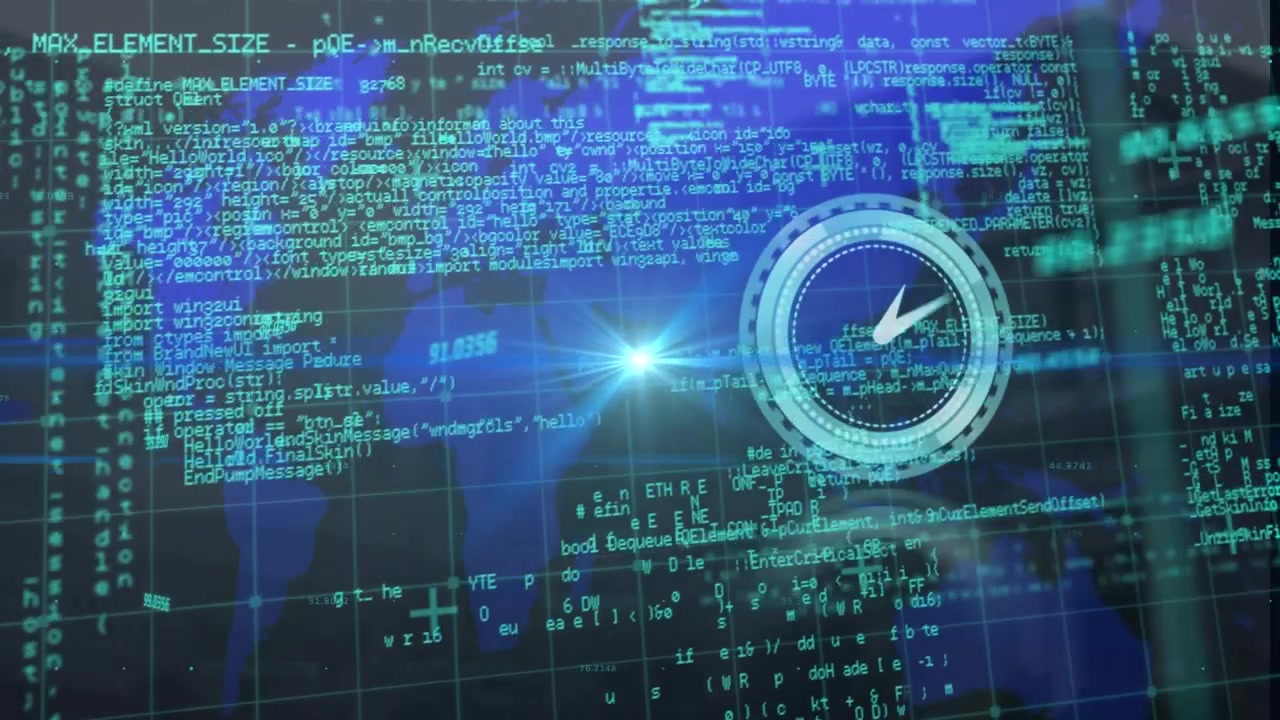Animation of ticking clock, blue light spot and data processing over world map on black background