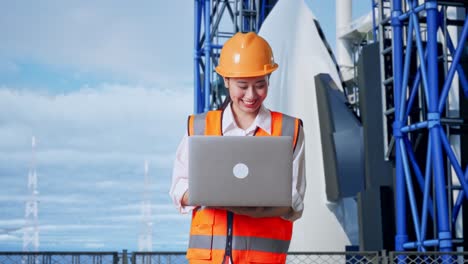 ingeniera trabajando en una computadora portátil en una plataforma de lanzamiento espacial