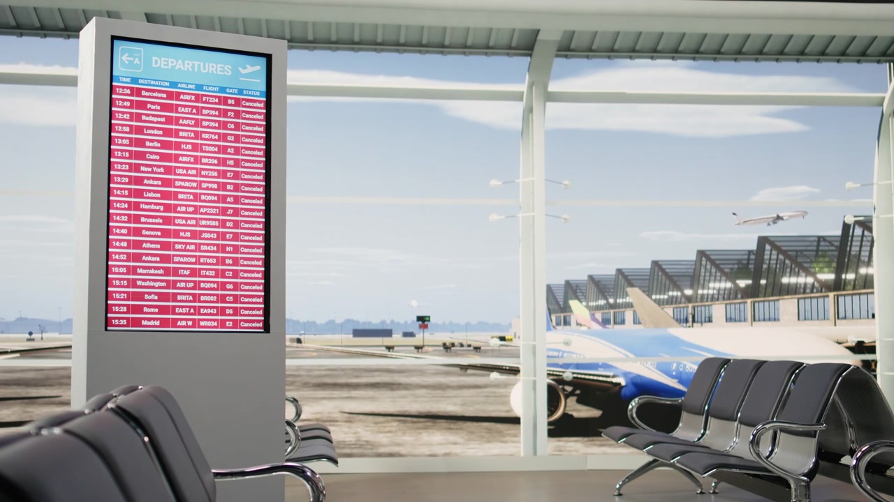 Empty airport terminal with cancelled flights on board screen