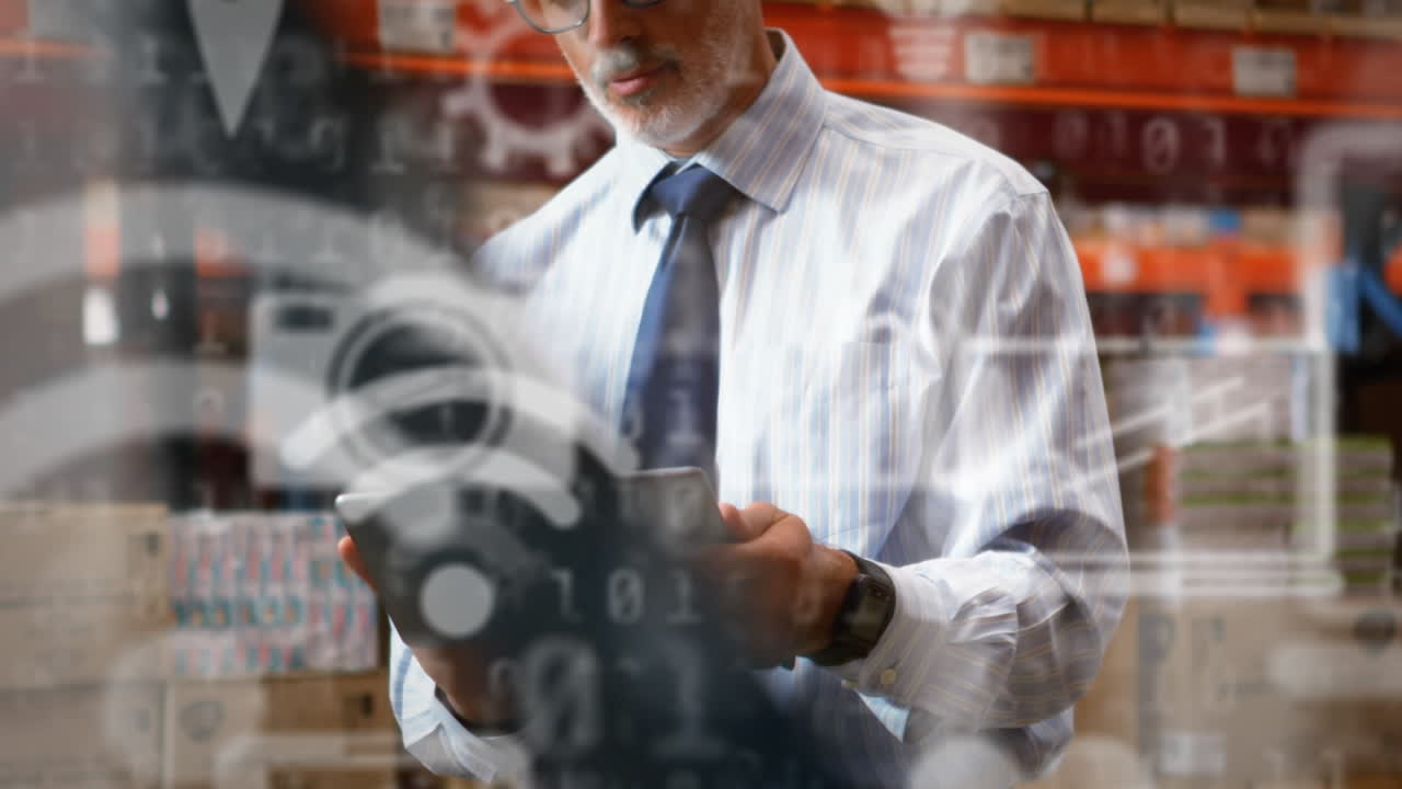 Animation of digital icons and data processing over man using tablet in warehouse