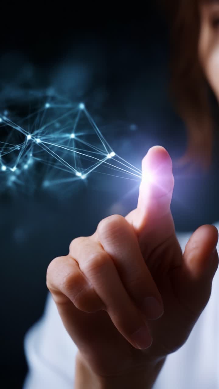 Primo piano di una mano che tocca un'interfaccia digitale luminosa, a simboleggiare l'interazione con la tecnologia e la connettività in un contesto futuristico