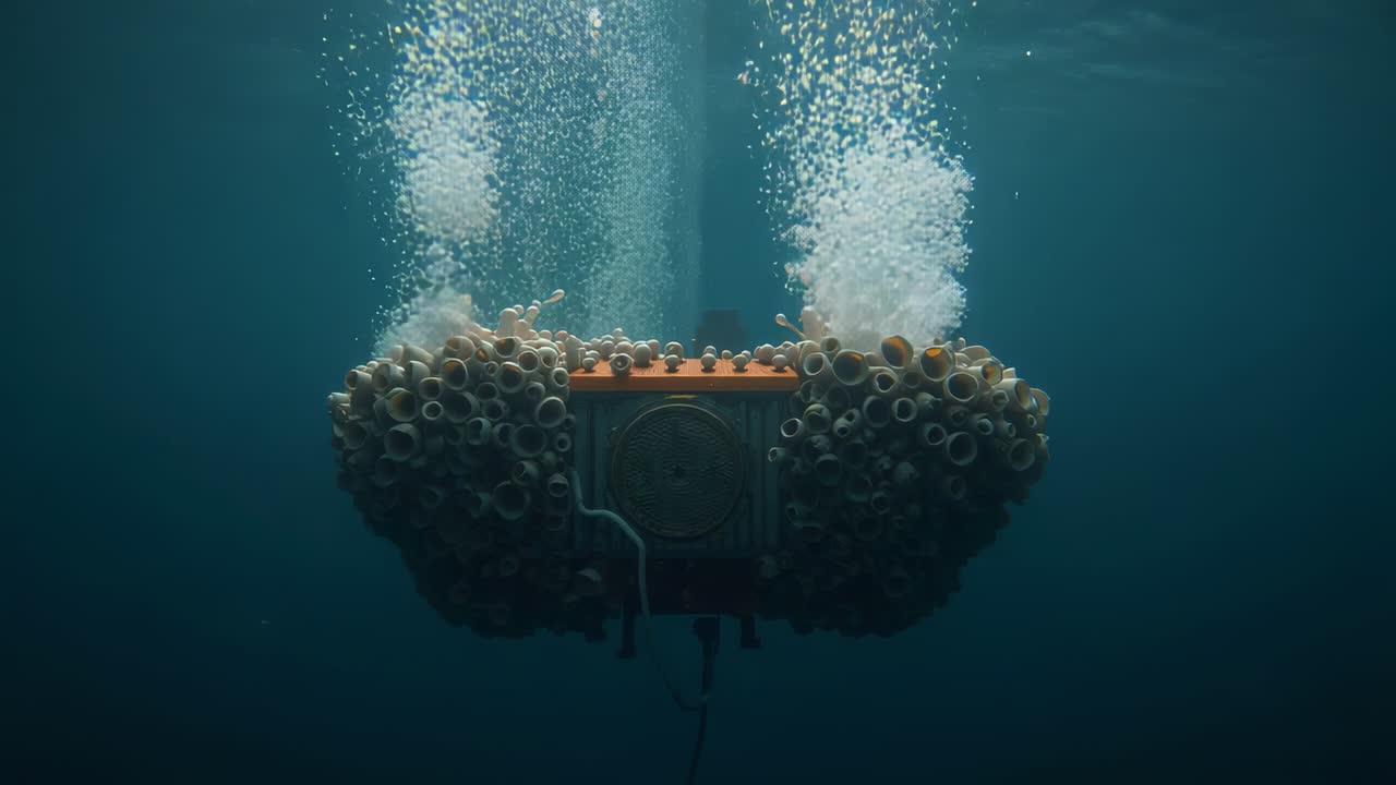 Flussi di bolle che iniziano, unità arancione che sfoga colonne di bolle in acque profonde con sfiati superiori, cavo di ormeggio