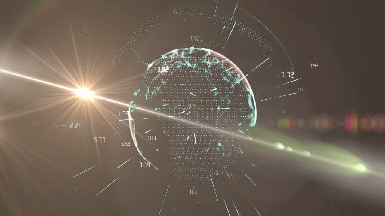 회색 배경에 회전하는 지구에 대한 빛 점과 무지개 렌즈 플레어의 애니메이션