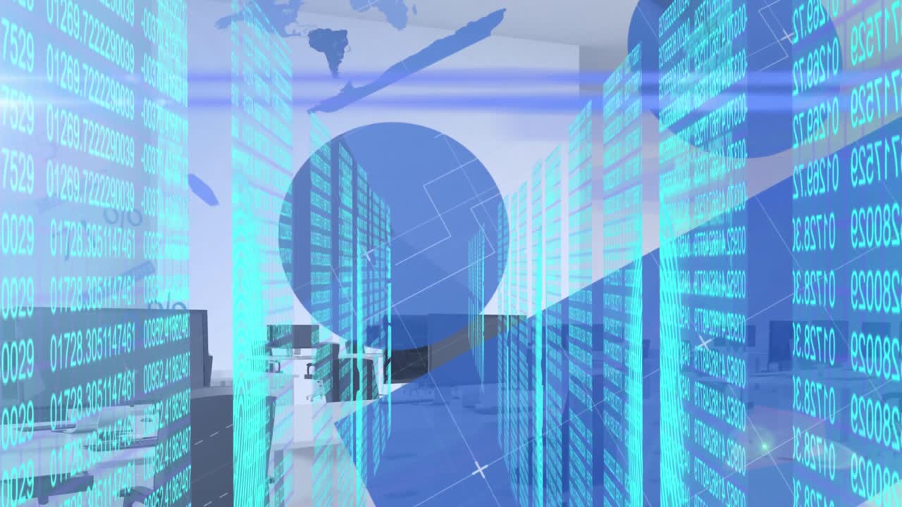 사무실 책상에 있는 컴퓨터를 통해 생체 측정 지문과 데이터 처리의 애니메이션