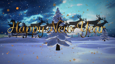 animation of happy new year text over santa claus in sleigh with reindeer over winter landscape