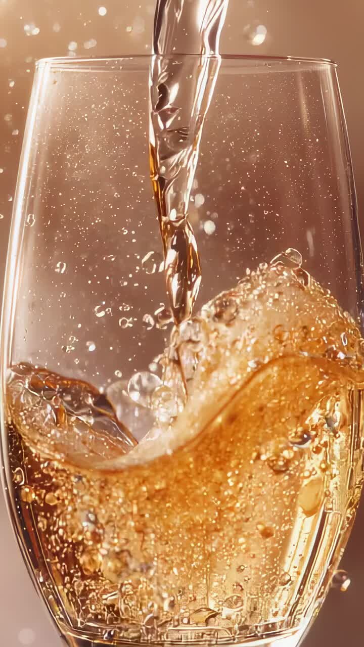 Vertical video: Pouring stream starting, creating foam and amber fizz at bar to fill stemless glass