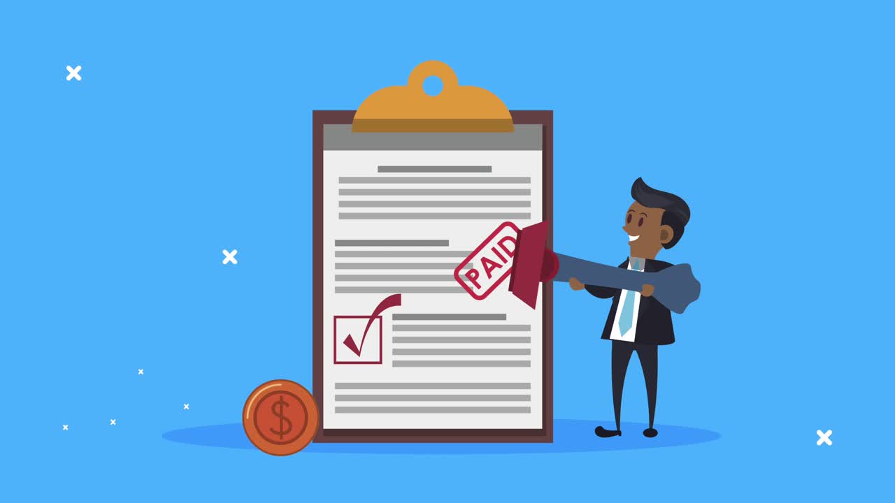 animación del día de impuestos con lista de comprobación y hombre de negocios