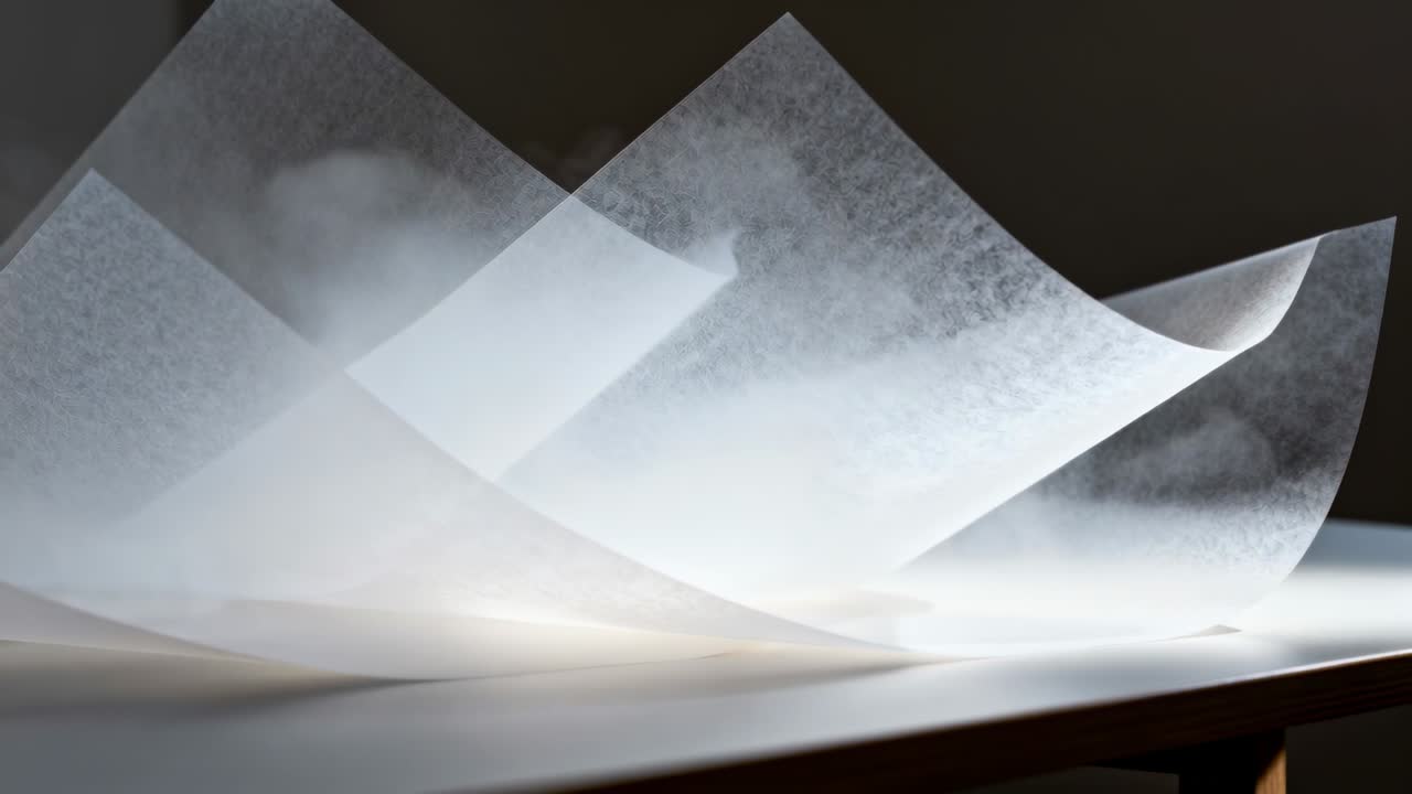 Lifting translucent white sheets, mist rising beneath initiating arching peaks on tabletop, backlit