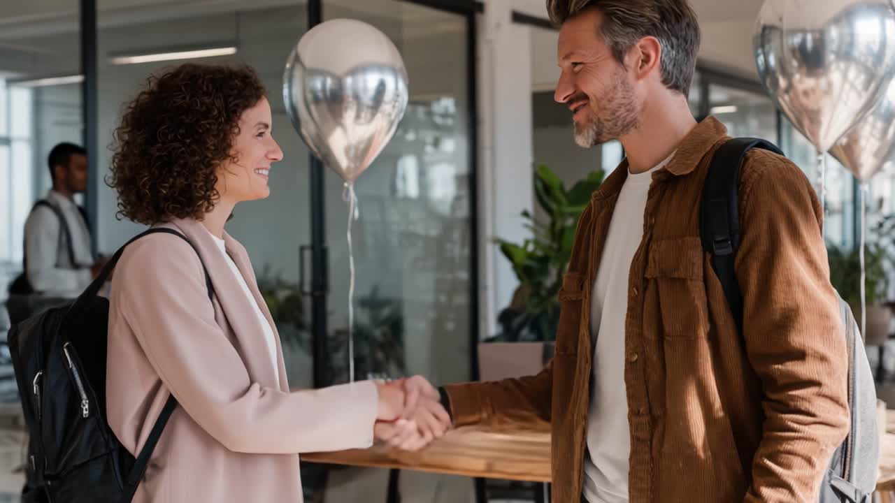 Professional Encounter: A Friendly Handshake Between Colleagues in a Modern Office Space with Balloons in the Background