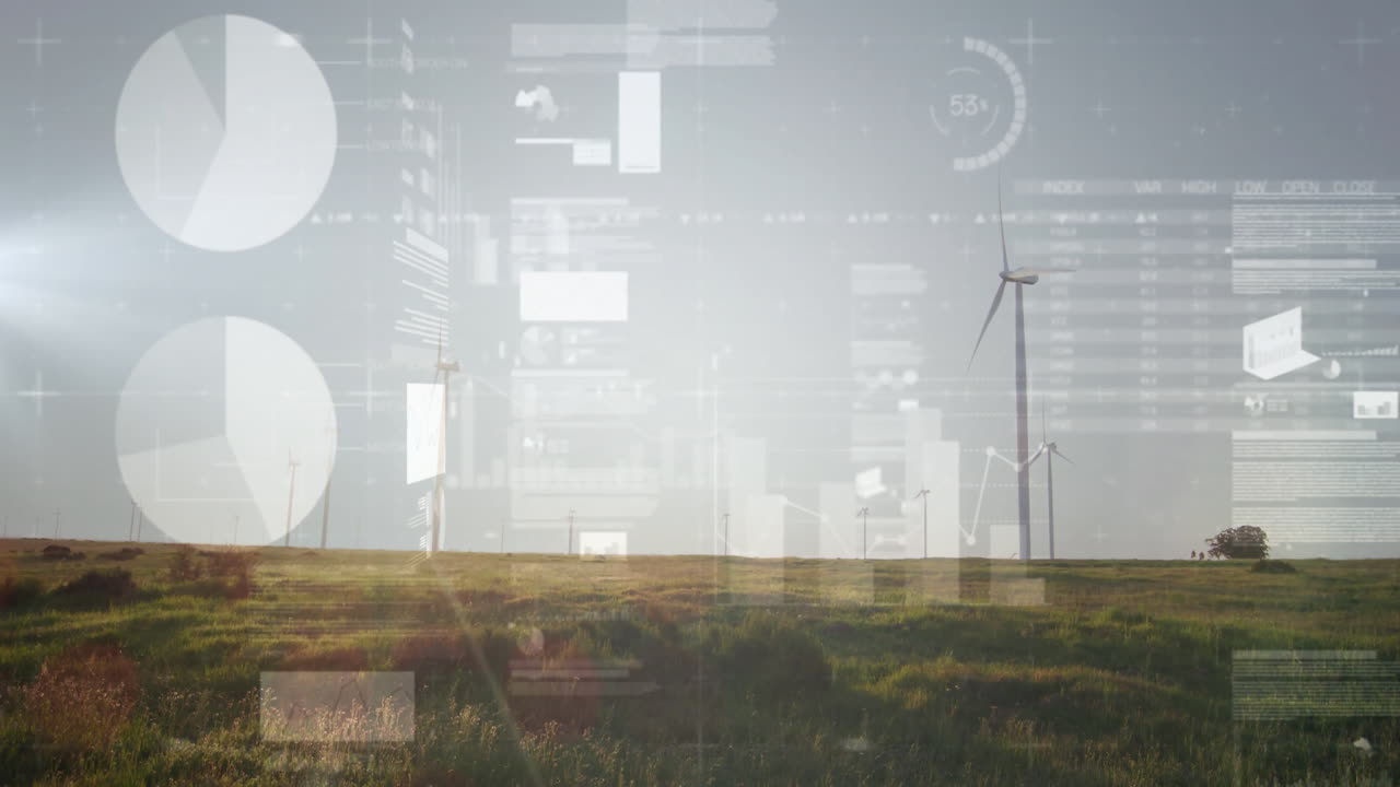 Wind turbines being monitored over grassy plain, with translucent charts, graphs and data panels