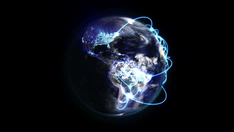 tierra sombreada y nublada con conexiones azules en movimiento con imagen de la tierra cortesía de nasa.org