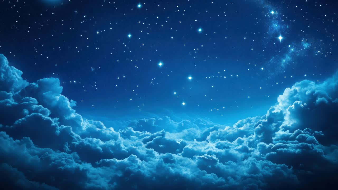 A mesmerizing night sky video concept with twinkling stars above fluffy clouds